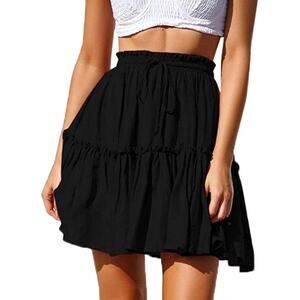 Womens Black Flared Short Skirt Cute High Waist Ruffle Skirt Beach Mini Skirt